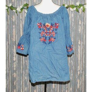 Southern Stitch Blue Blouse Shirt Top Size XL Embroidered Floral Bell Sleeves
